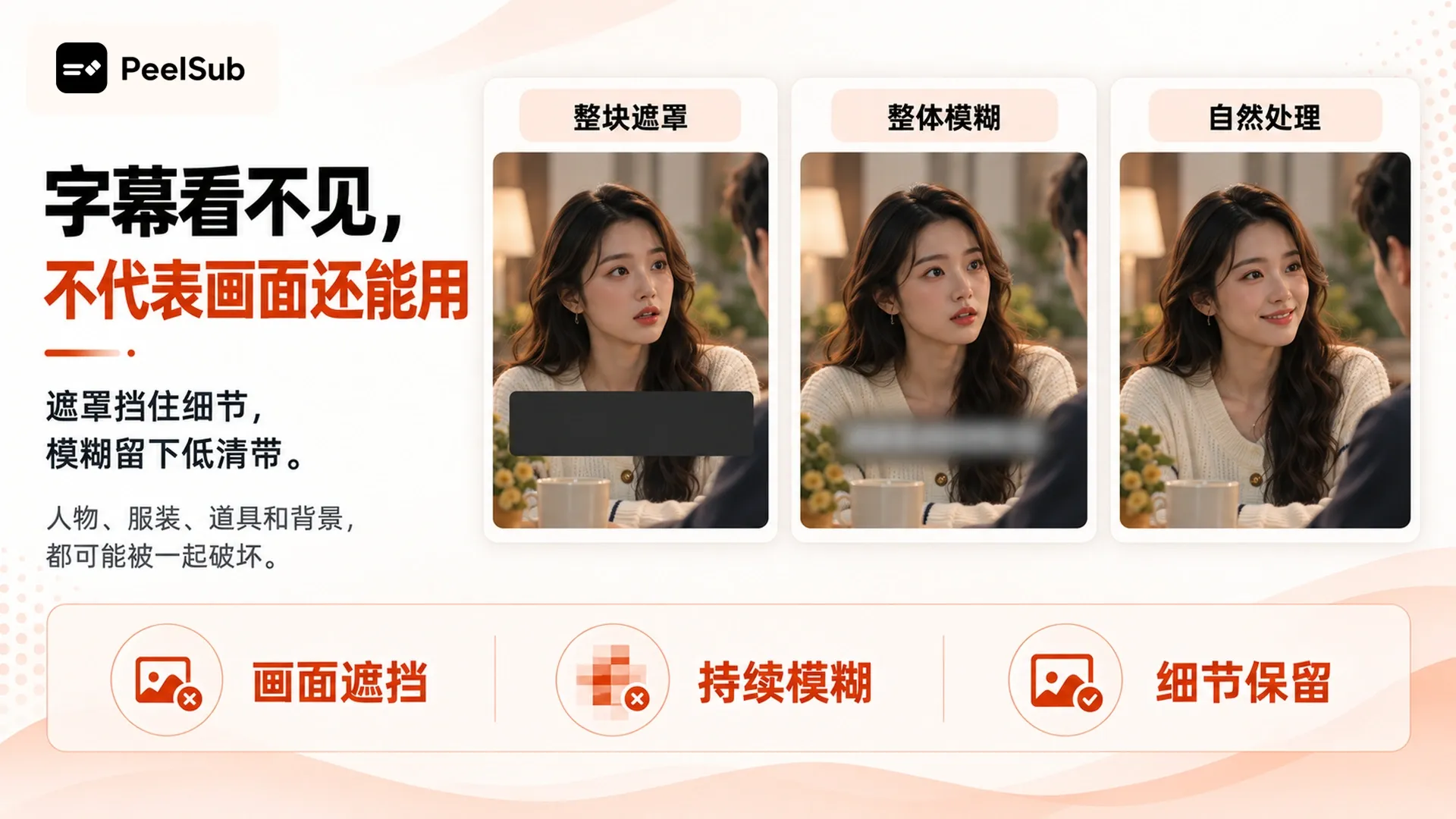 遮挡和模糊与自然字幕擦除的画面效果比较