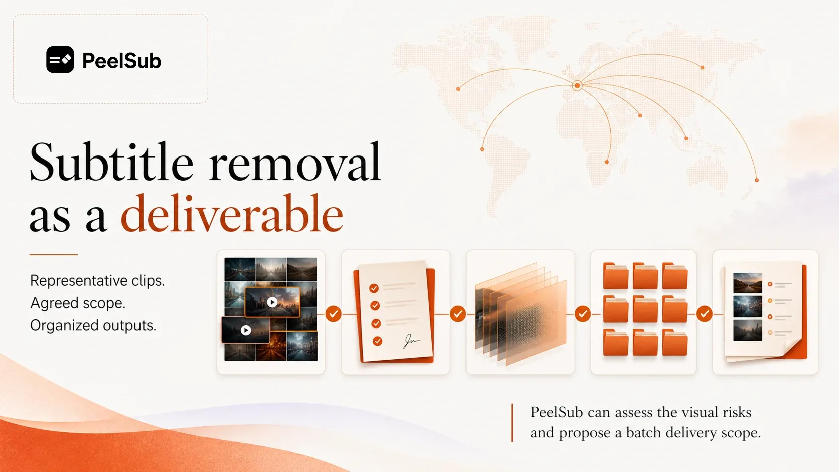 PeelSub organizes representative clips scope and outputs as a subtitle-removal deliverable